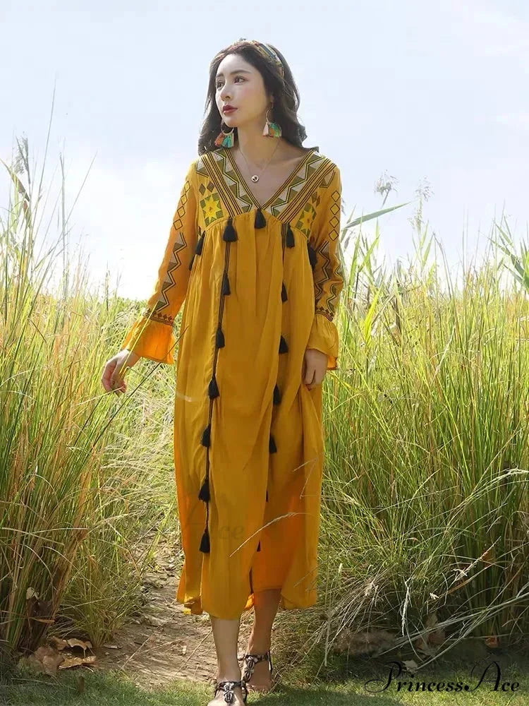 Flare Sleeve Fringe Retro Style Floral Boho Dress bohodress-250126