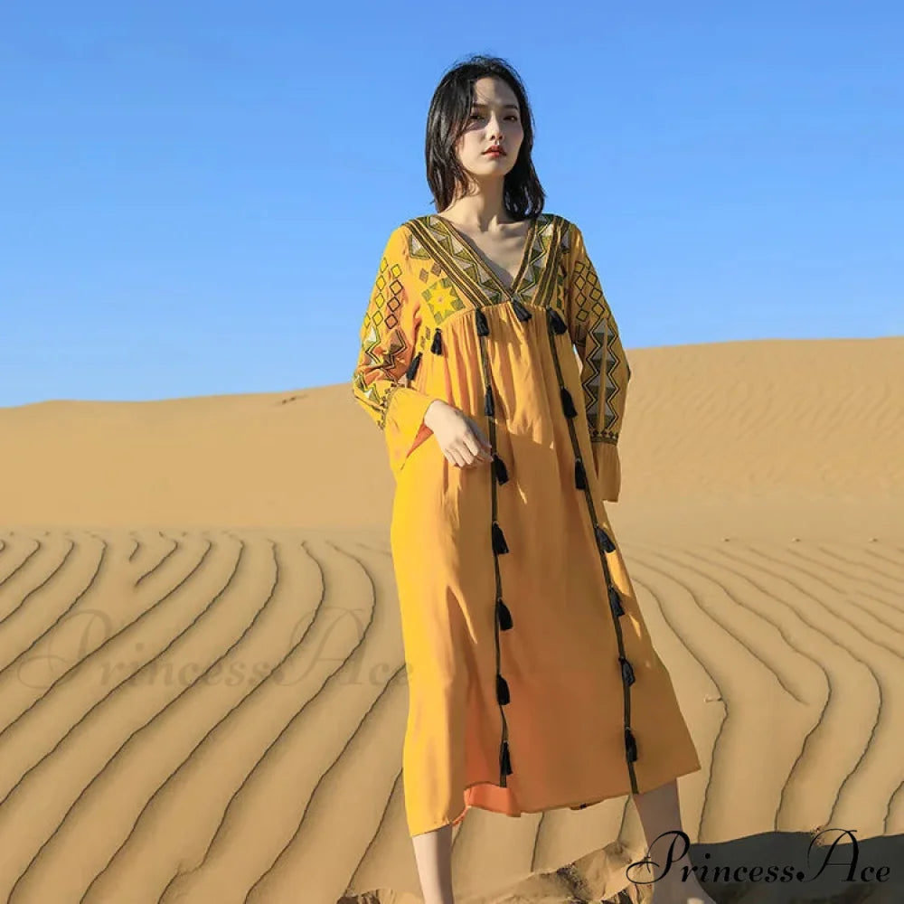 Flare Sleeve Fringe Retro Style Floral Boho Dress Yellow / S bohodress-250126