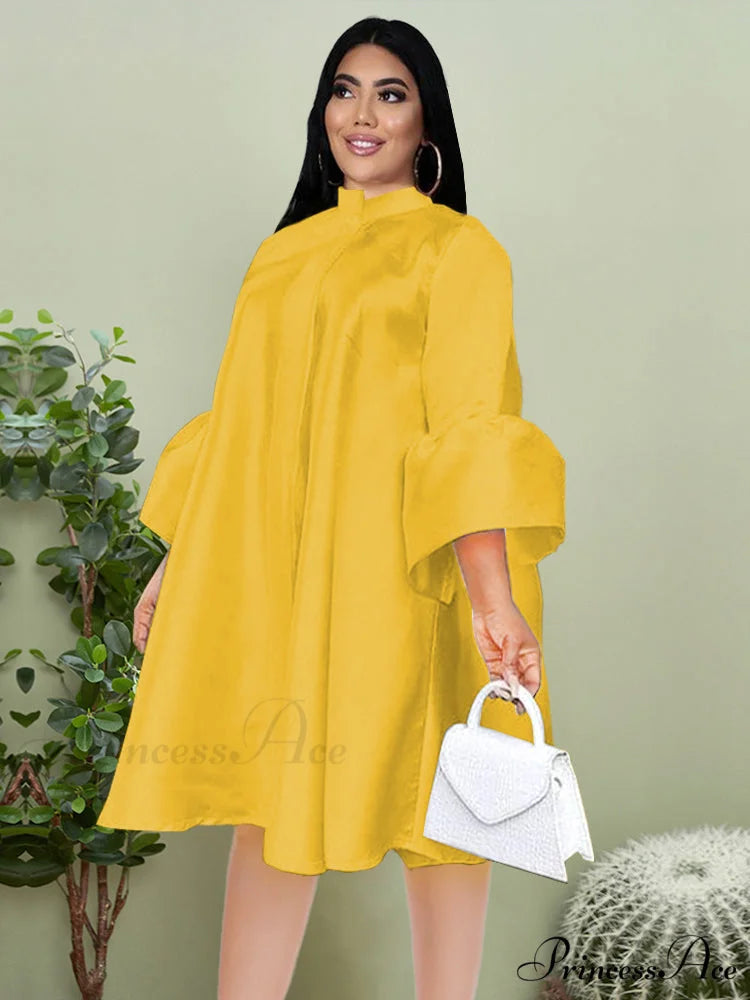 Flare Sleeve Graceful Hot Stamping Dress Yellow / M