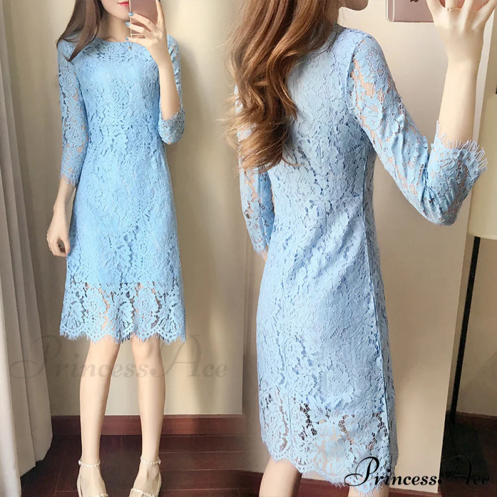 Flare Sleeve Lace Dress with Round Neck M / Pink