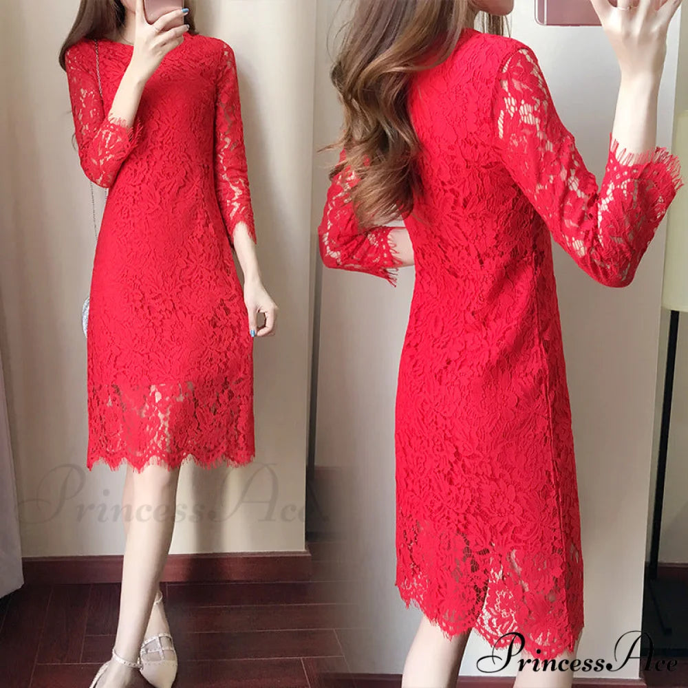Flare Sleeve Lace Dress with Round Neck M / White