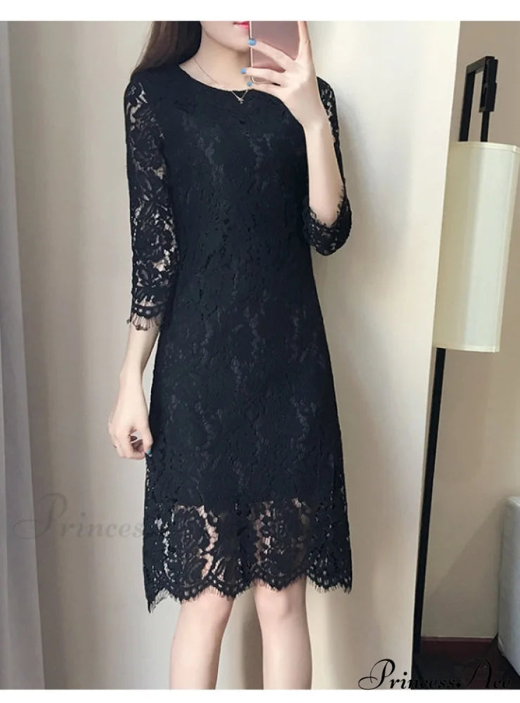 Flare Sleeve Lace Dress with Round Neck S / Black