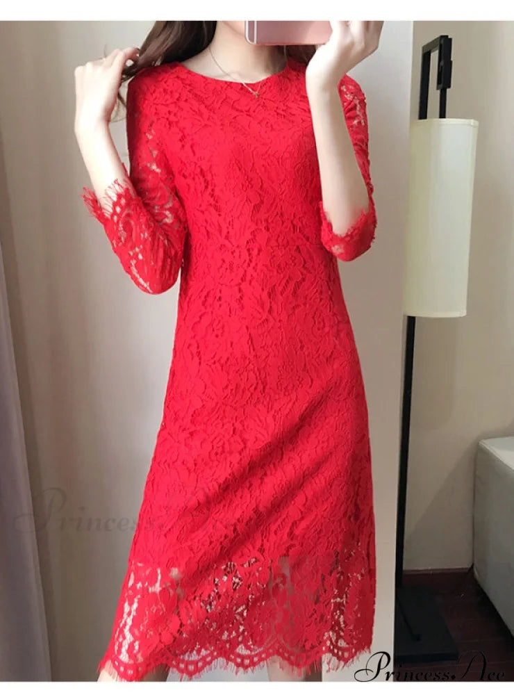 Flare Sleeve Lace Dress with Round Neck S / Blue