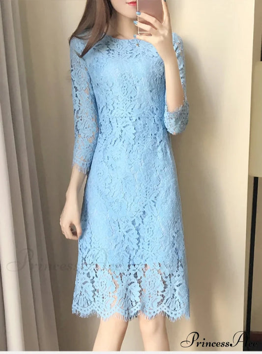 Flare Sleeve Lace Dress with Round Neck S / Pink