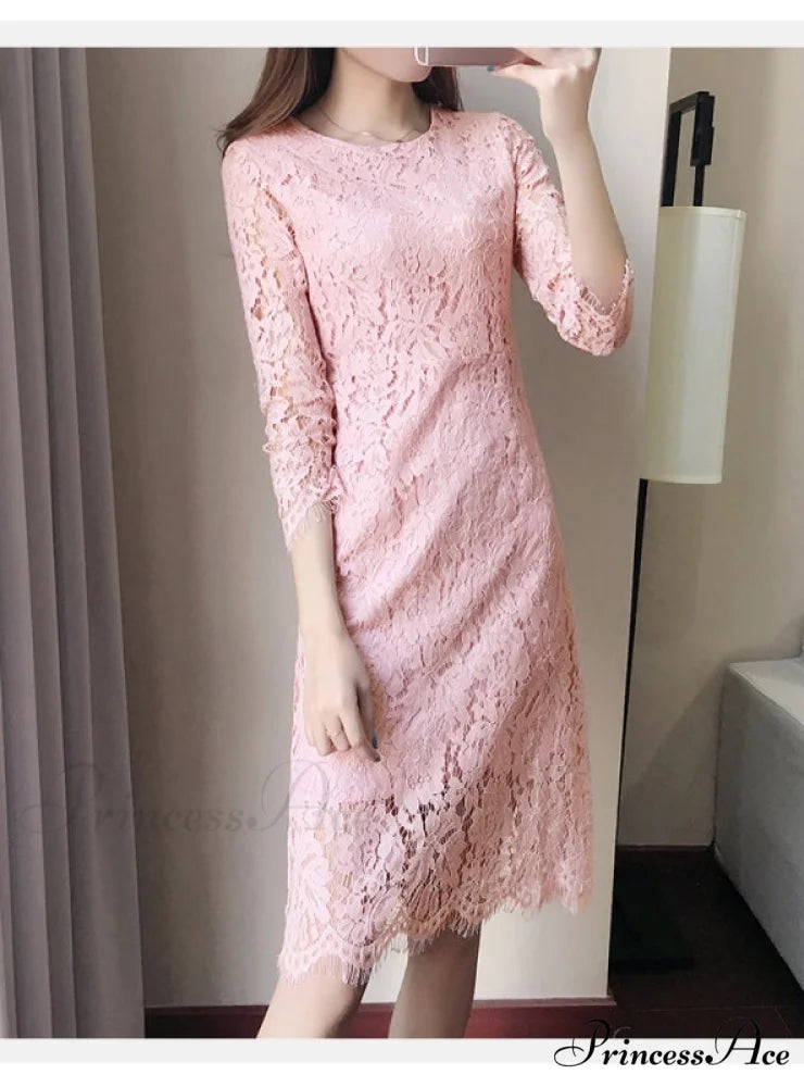 Flare Sleeve Lace Dress with Round Neck S / Red
