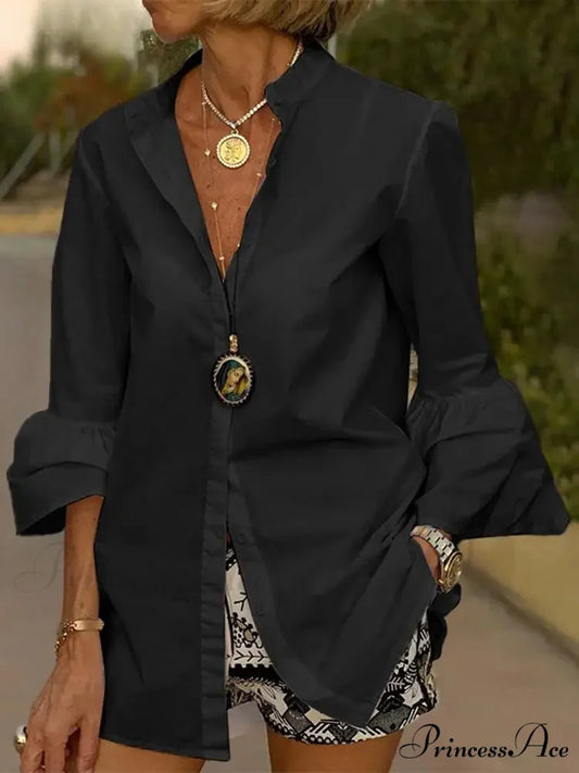 Flare Sleeve Monochromatic V Neck Blouse Black / S blouse-250126