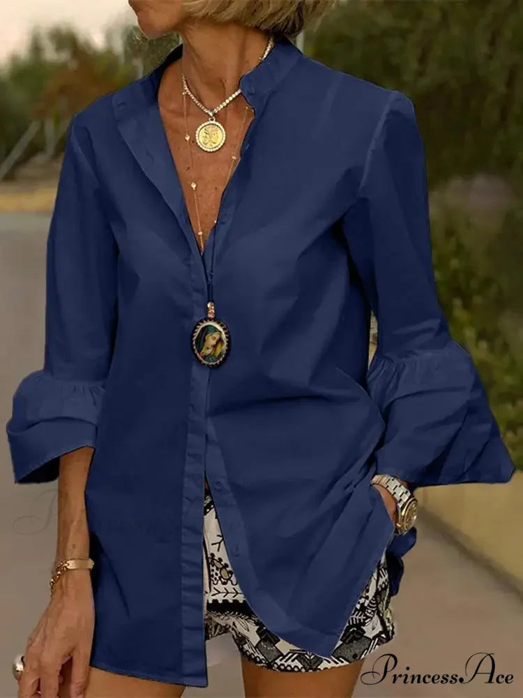 Flare Sleeve Monochromatic V Neck Blouse Navy Blue / S blouse-250126