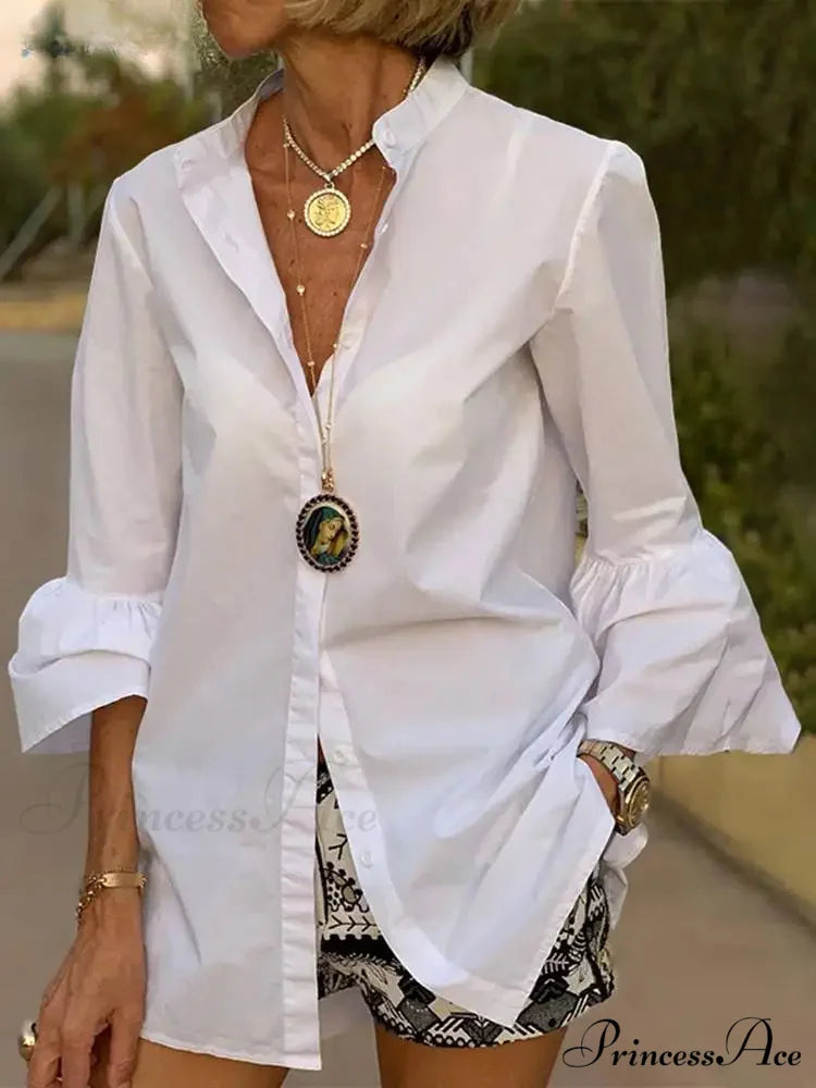 Flare Sleeve Monochromatic V Neck Blouse WHITE / S blouse-250126