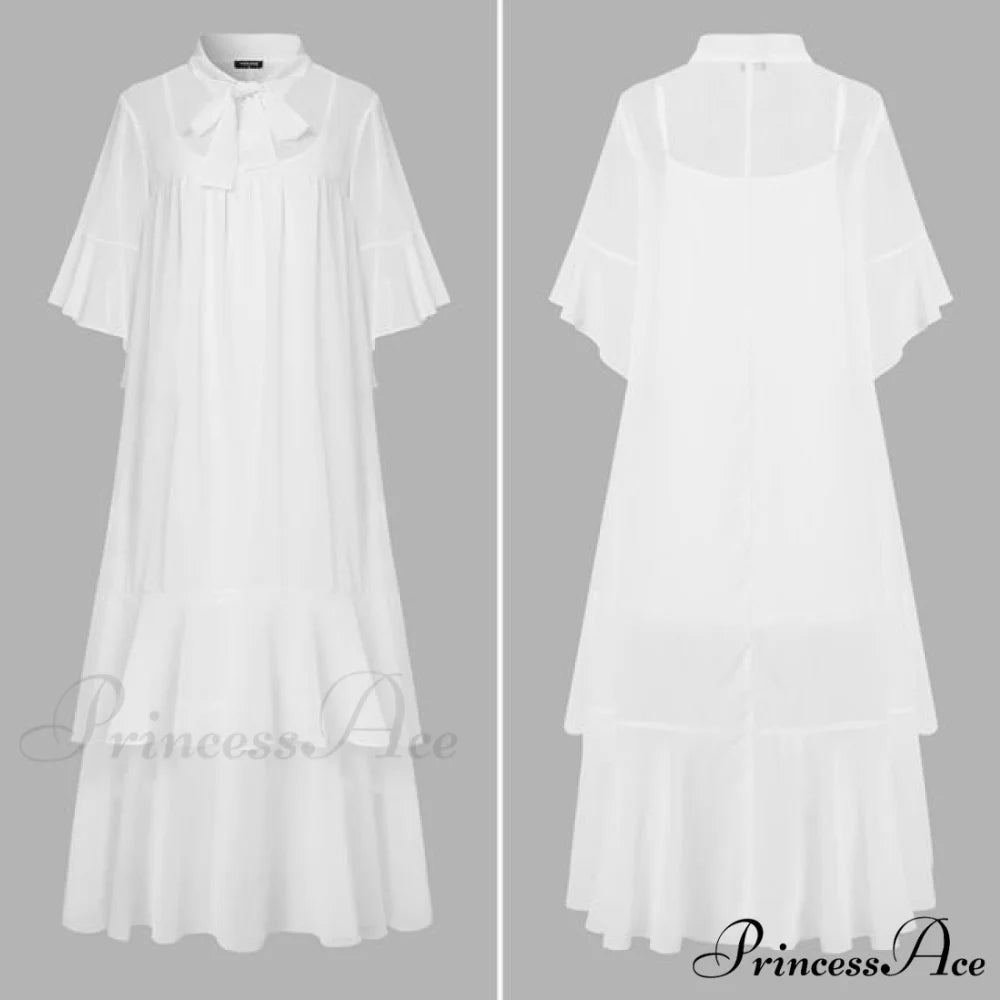 Flare Sleeve Pleated Ruffled Long Maxi Dress white / M