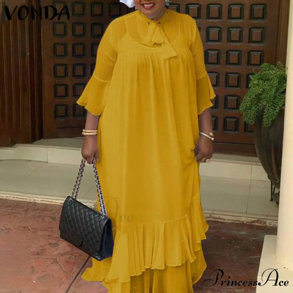 Flare Sleeve Pleated Ruffled Long Maxi Dress Yellow / M