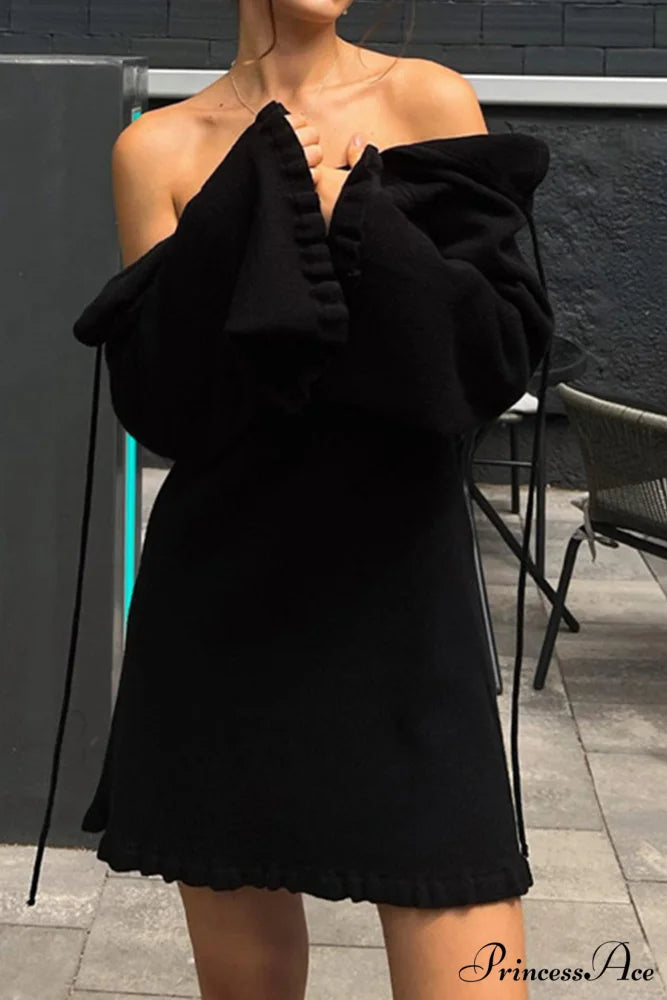 Flare Sleeve Tie-back Ruffle Hem Knit Dress Black / S