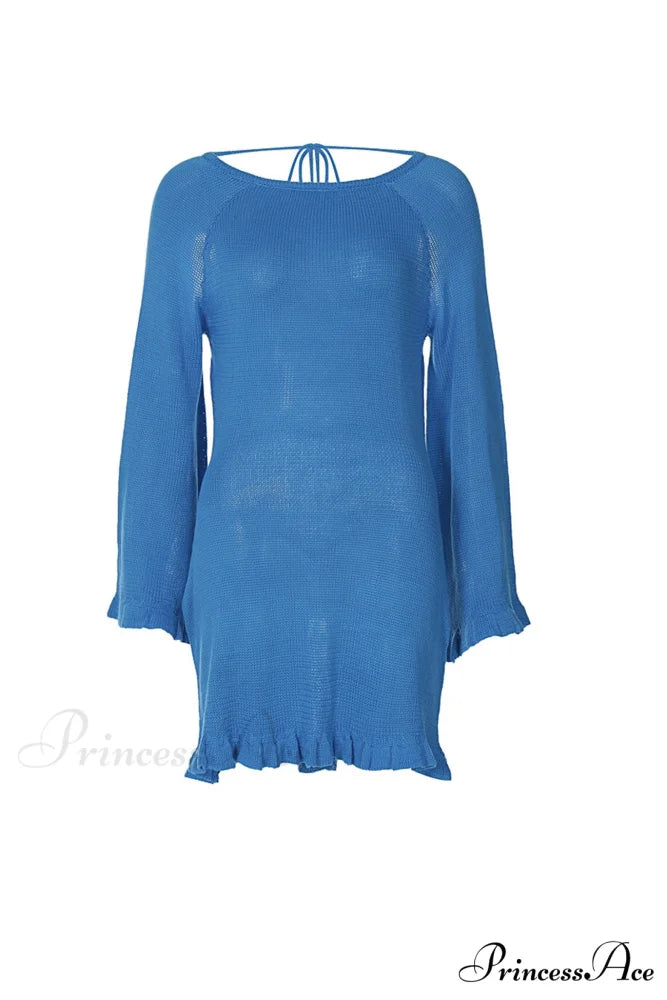 Flare Sleeve Tie-back Ruffle Hem Knit Dress Blue / L