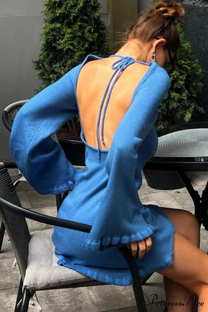 Flare Sleeve Tie-back Ruffle Hem Knit Dress Blue / M