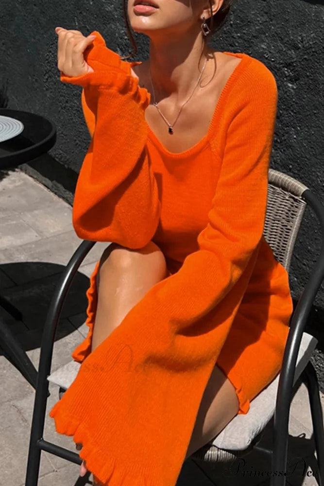 Flare Sleeve Tie-back Ruffle Hem Knit Dress Orange / M