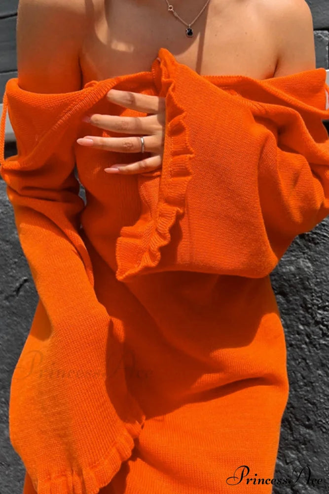 Flare Sleeve Tie-back Ruffle Hem Knit Dress Orange / S