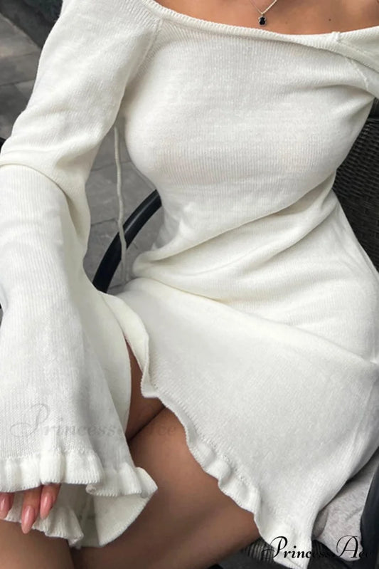 Flare Sleeve Tie-back Ruffle Hem Knit Dress White / M