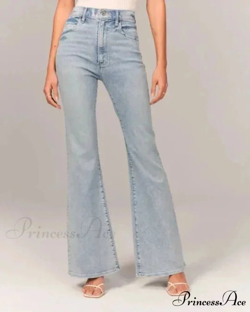 Flare Vintage Ladies Fashion Stretch Pocket Plus Size Wide Denim Jean Light blue / S