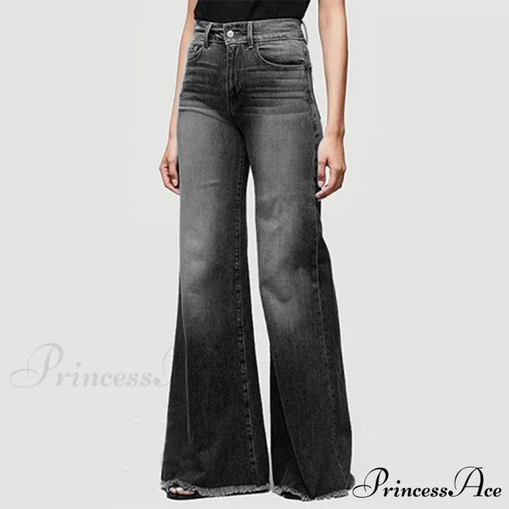 Flare Women High Waist Slim Vintage Fashion Streetwear Stretch Casual Full Length Loose Wide Leg Jean Black / S