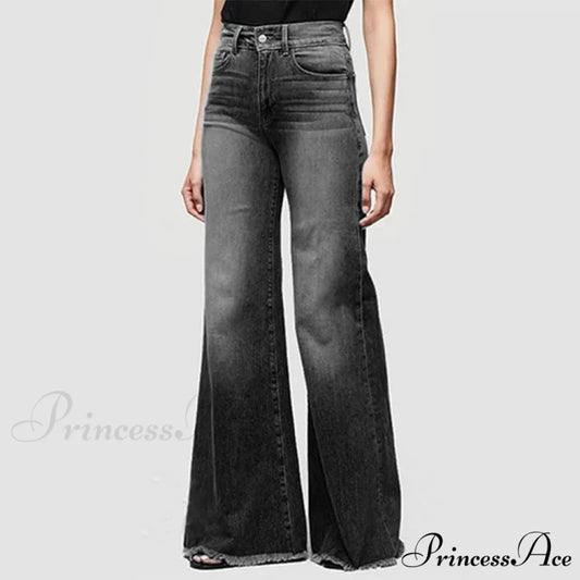 Flare Women High Waist Slim Vintage Fashion Streetwear Stretch Casual Full Length Loose Wide Leg Jean Black / S