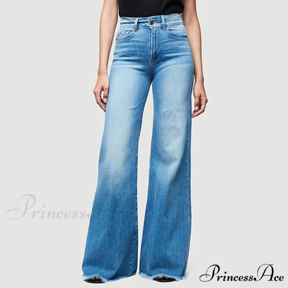 Flare Women High Waist Slim Vintage Fashion Streetwear Stretch Casual Full Length Loose Wide Leg Jean Light Blue / S