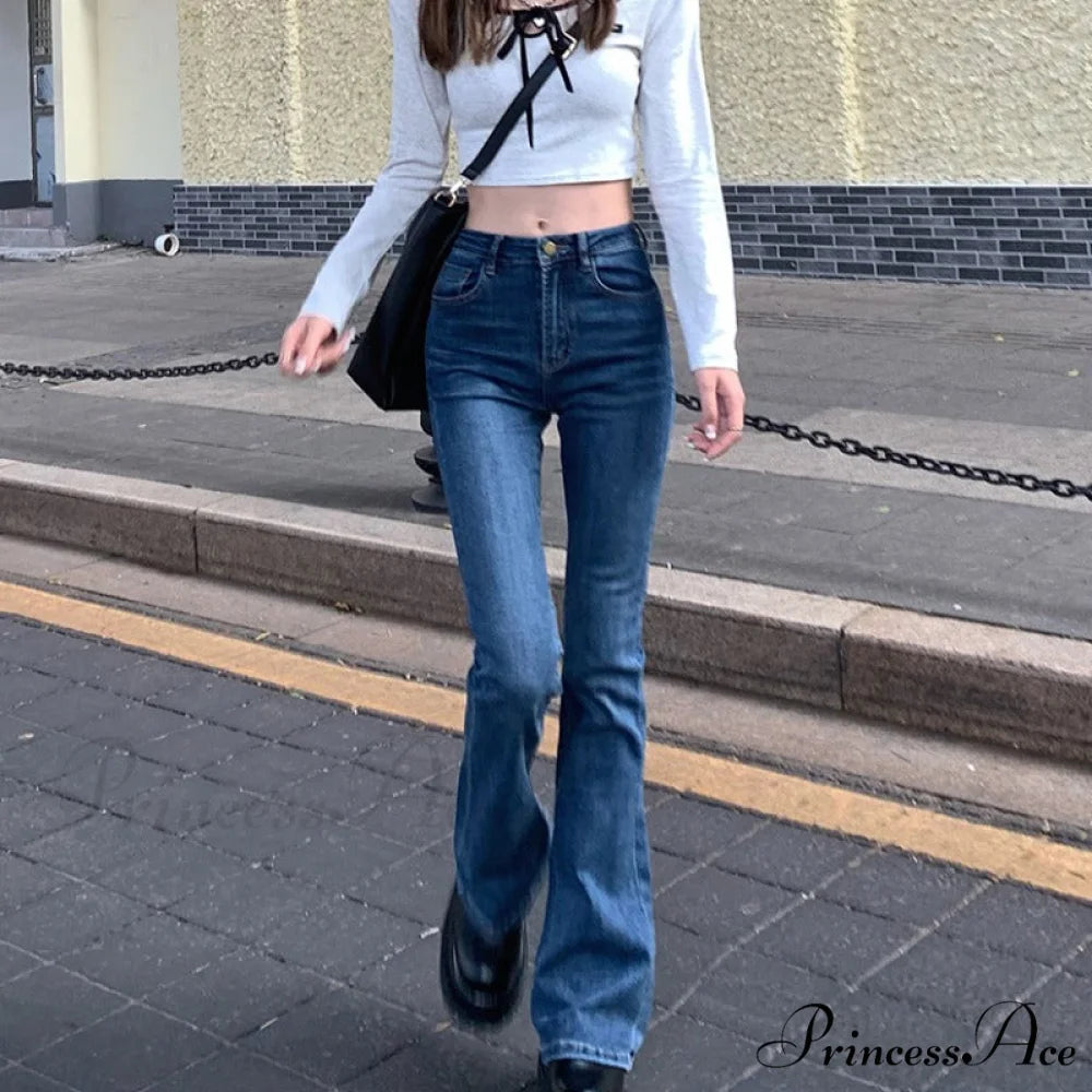 Flared Blue Straight Slim Body Jeans Dark Blue / S