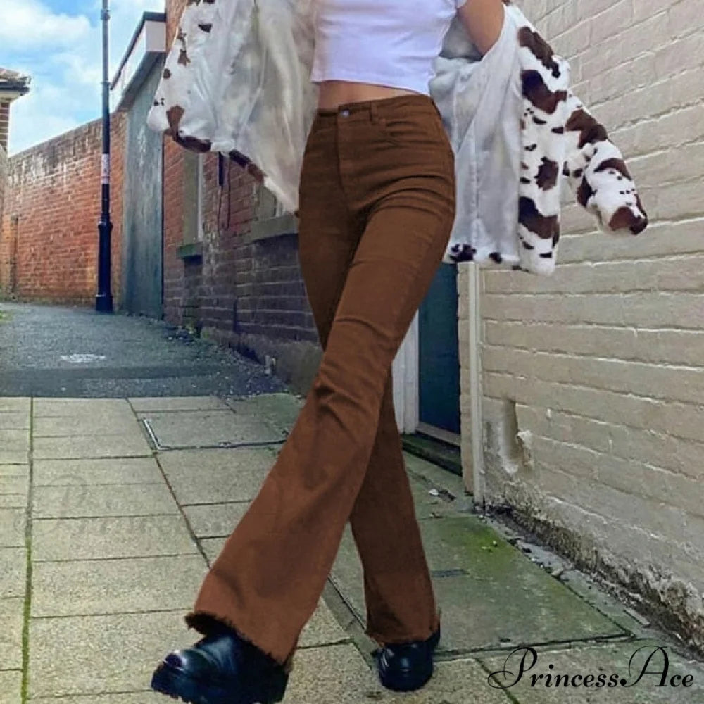 Flared High Black Jeans and in Waist Brown for Khaki Women Brown Flared jeans / S