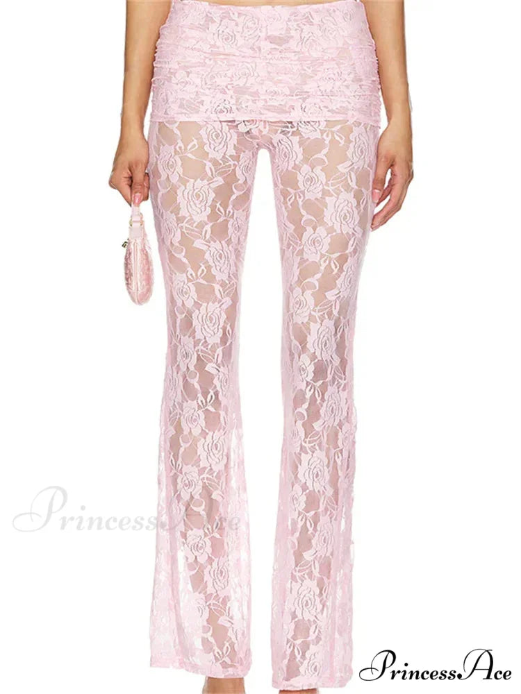 Flared Leg Lace Transparent Bootcut Stylish Pant PINK / S pant-250223