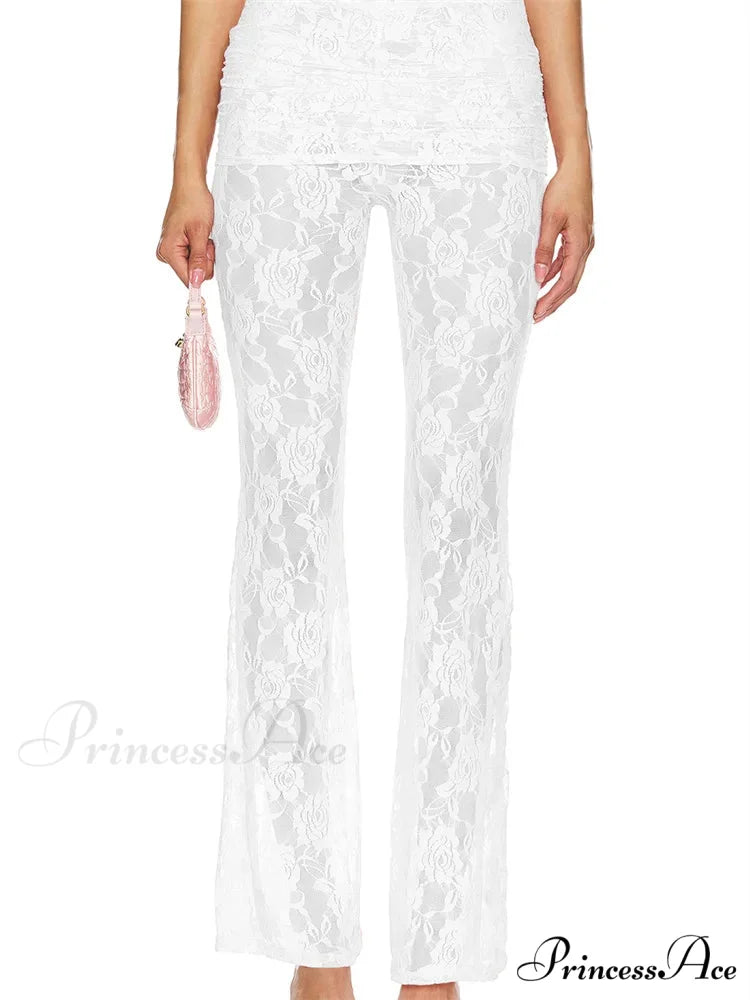 Flared Leg Lace Transparent Bootcut Stylish Pant WHITE / S pant-250223
