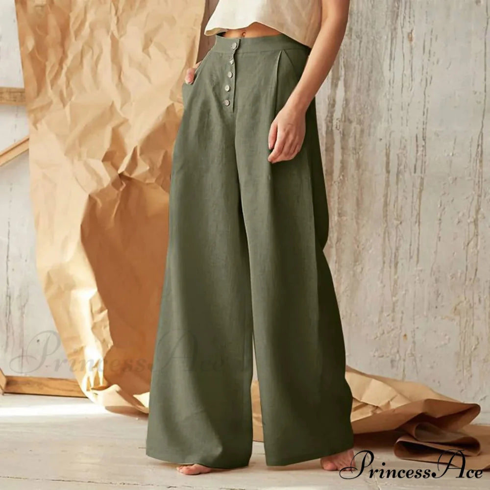 Flared Solid Hue High Waist Cotton Linen Pant Army Green / M pant-250223
