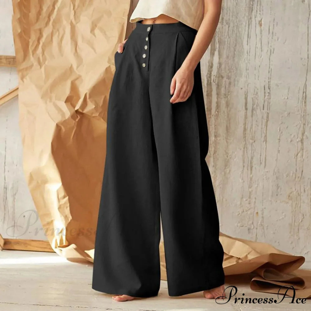 Flared Solid Hue High Waist Cotton Linen Pant Black / M pant-250223