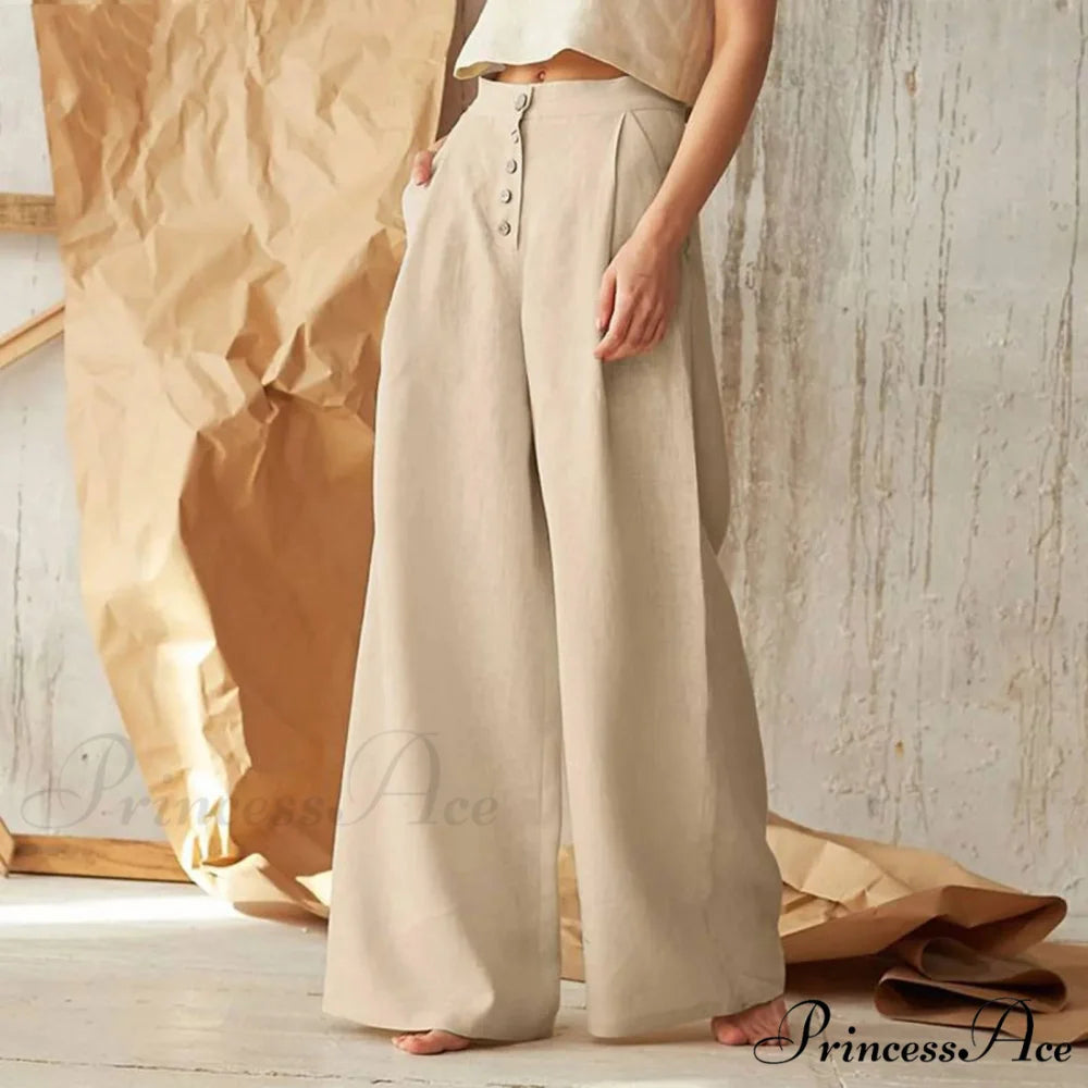 Flared Solid Hue High Waist Cotton Linen Pant Khaki / M pant-250223