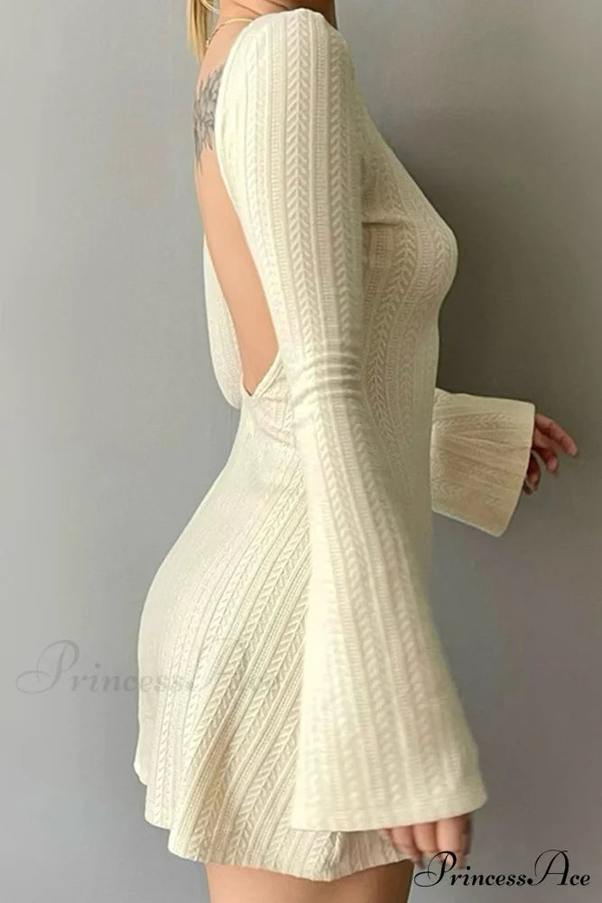 Flares Sleeve Backless Cable Knit Dress Beige / L
