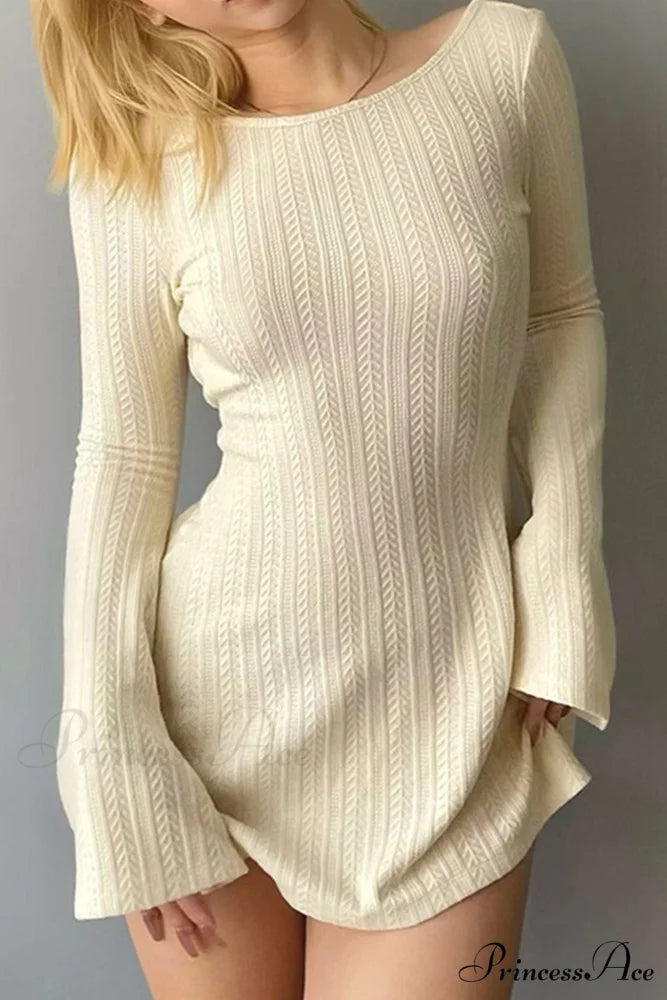 Flares Sleeve Backless Cable Knit Dress Beige / S