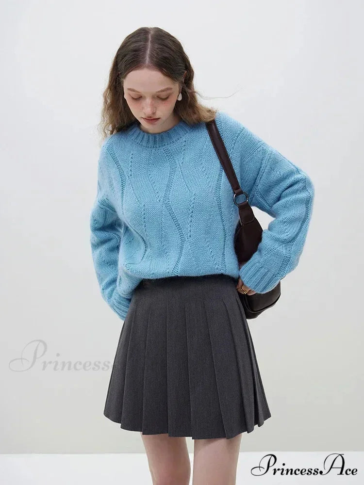 Fleece Angora Perforated Drop Sleeve Pullover Lake Blue / S swraters-241228