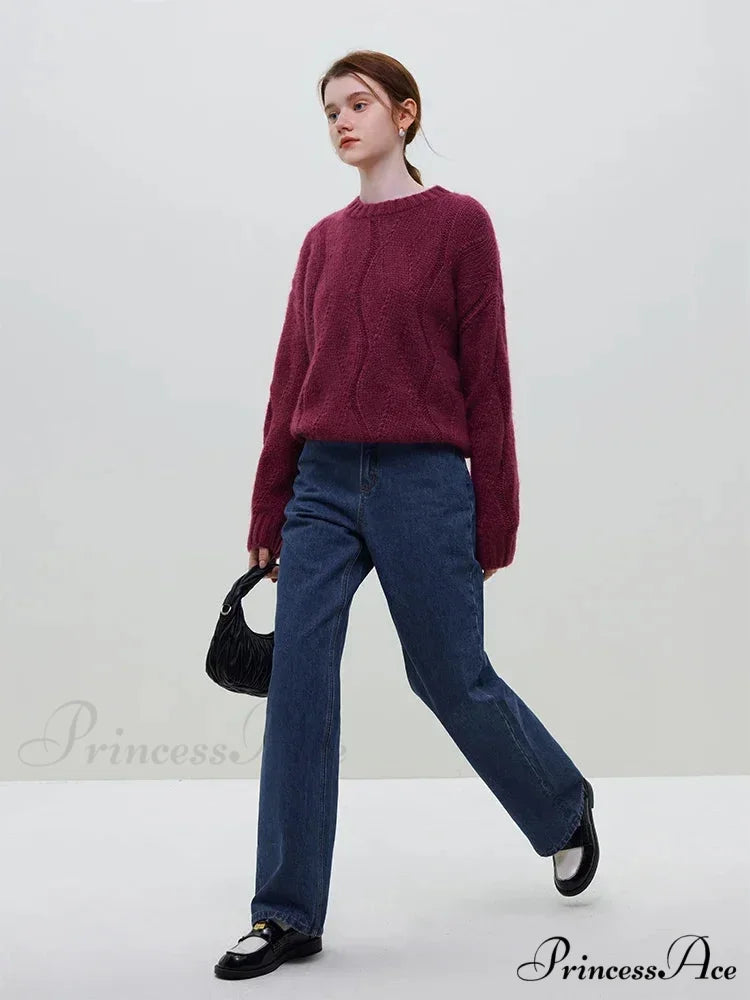 Fleece Angora Perforated Drop Sleeve Pullover Maroon / S swraters-241228