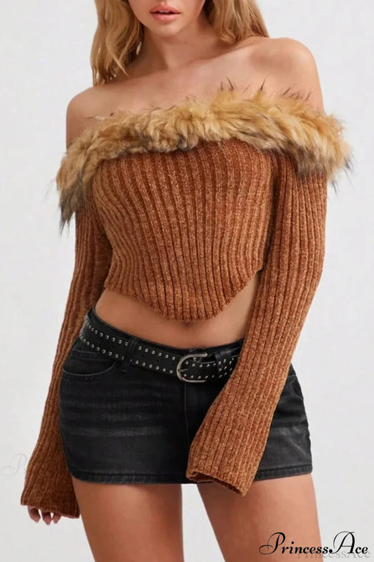 Fleece Collar Knit Off Shoulder Irregular Crop Top