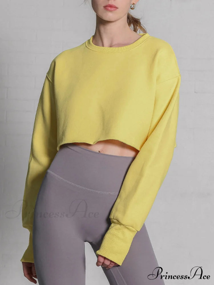 Fleece Lined Graceful Solid Cropped Sweatshirt Yellow / S