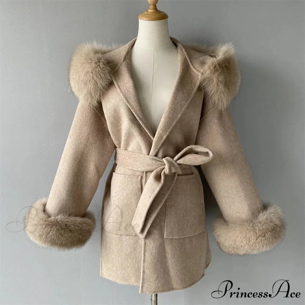 Fleece Sly Fur Hooded Winter Overcoat Beige with cuffs / XXS overcoats-241228