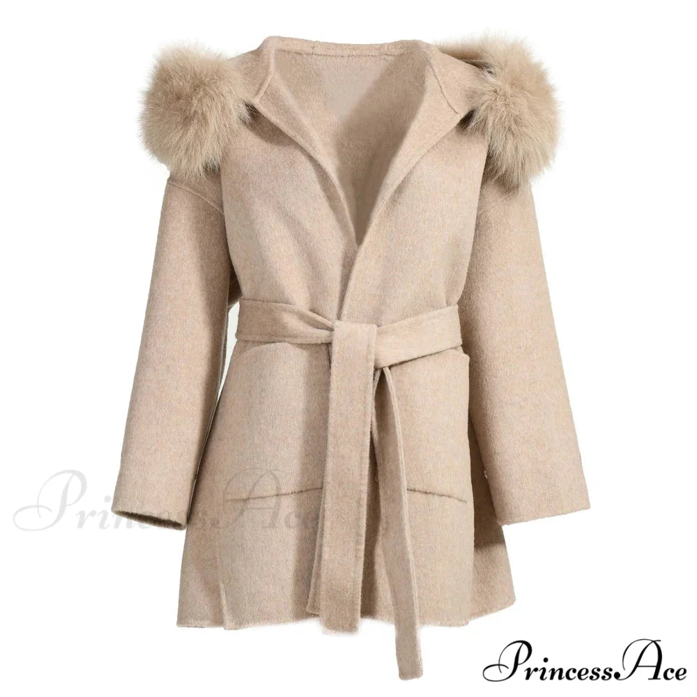Fleece Sly Fur Hooded Winter Overcoat Beige / XXS overcoats-241228