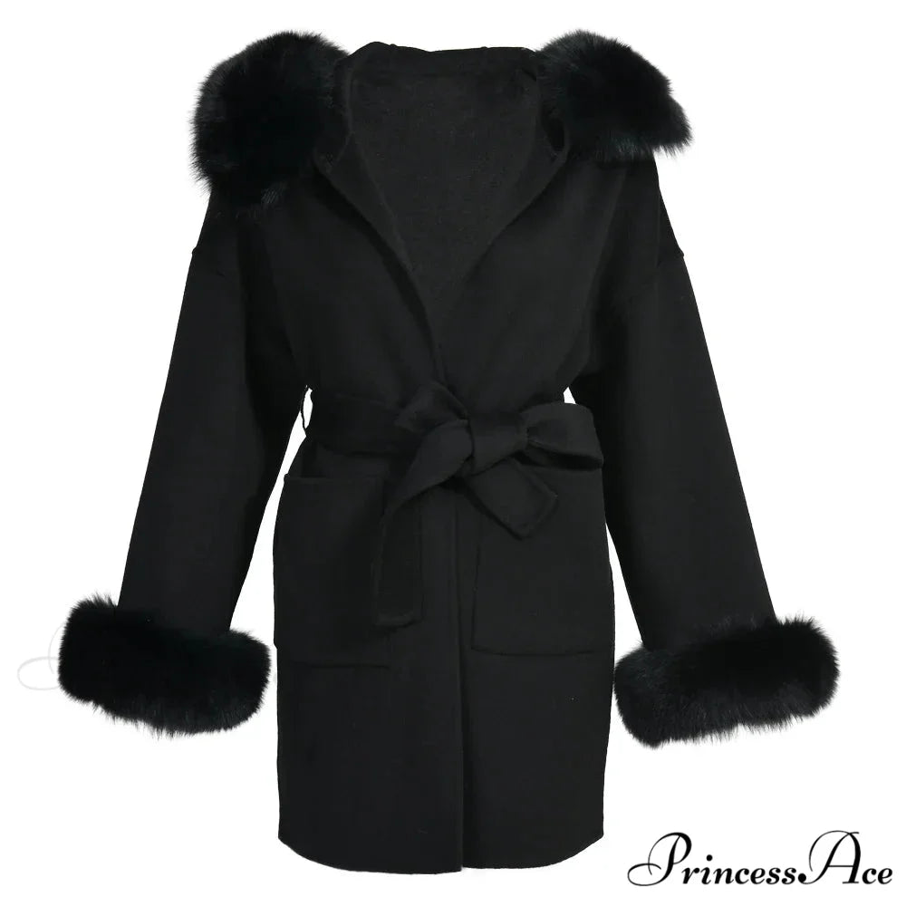 Fleece Sly Fur Hooded Winter Overcoat Black with cuffs / XXS overcoats-241228