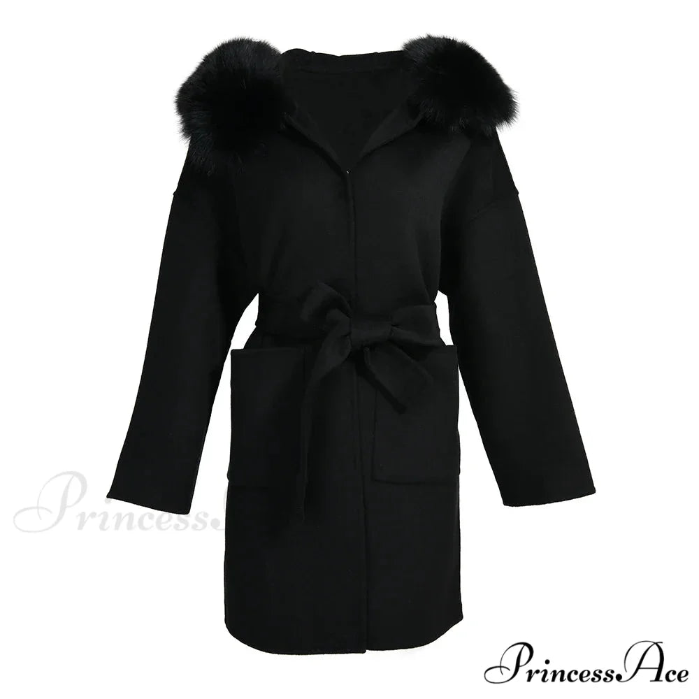 Fleece Sly Fur Hooded Winter Overcoat Black / XXS overcoats-241228
