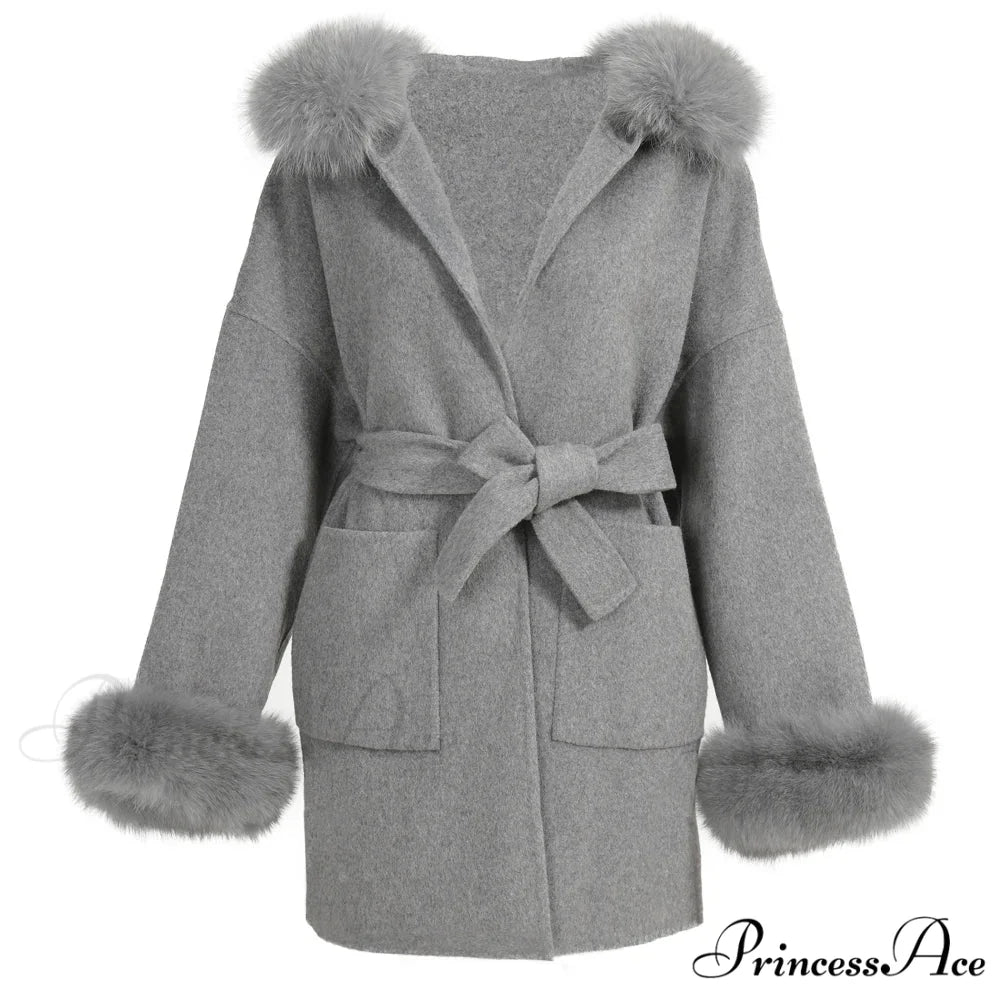 Fleece Sly Fur Hooded Winter Overcoat Grey with cuffs / XXS overcoats-241228
