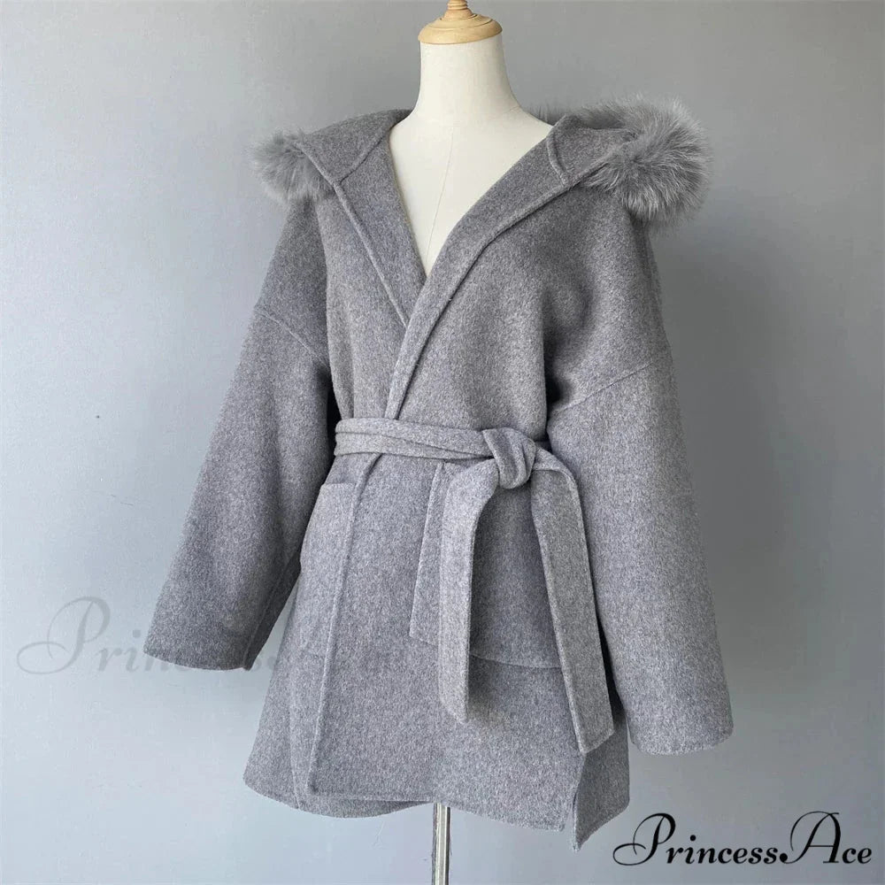 Fleece Sly Fur Hooded Winter Overcoat Grey / XXS overcoats-241228