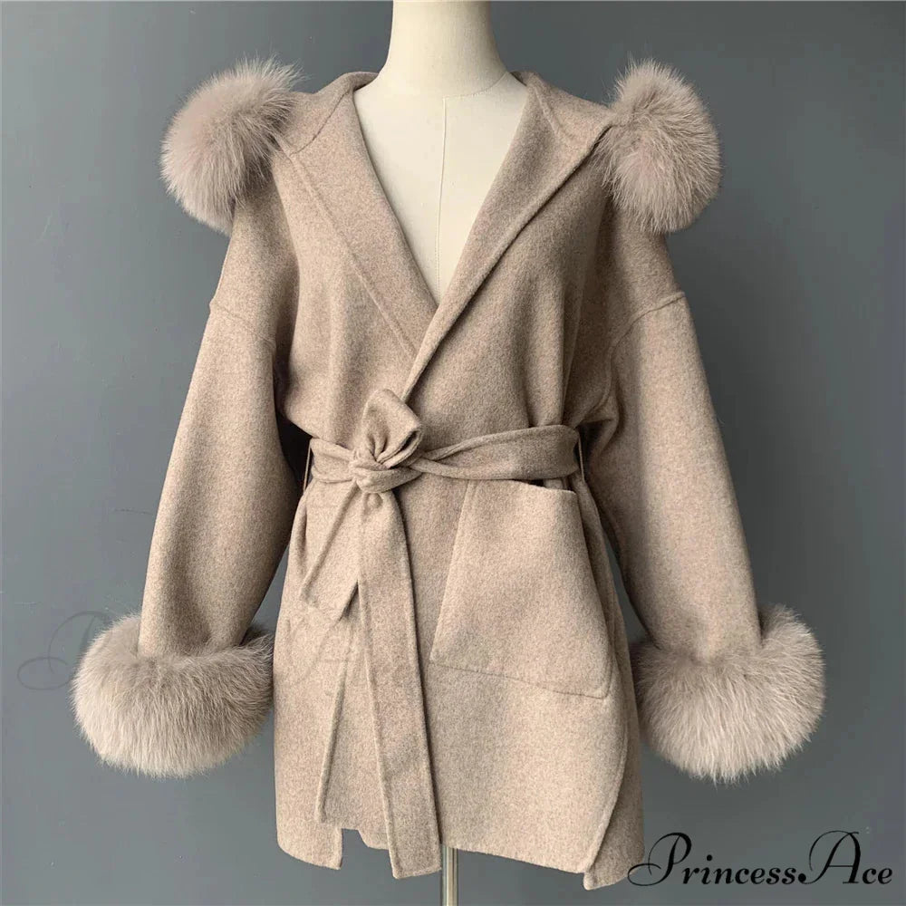 Fleece Sly Fur Hooded Winter Overcoat Khaki whit cuffs / XXS overcoats-241228