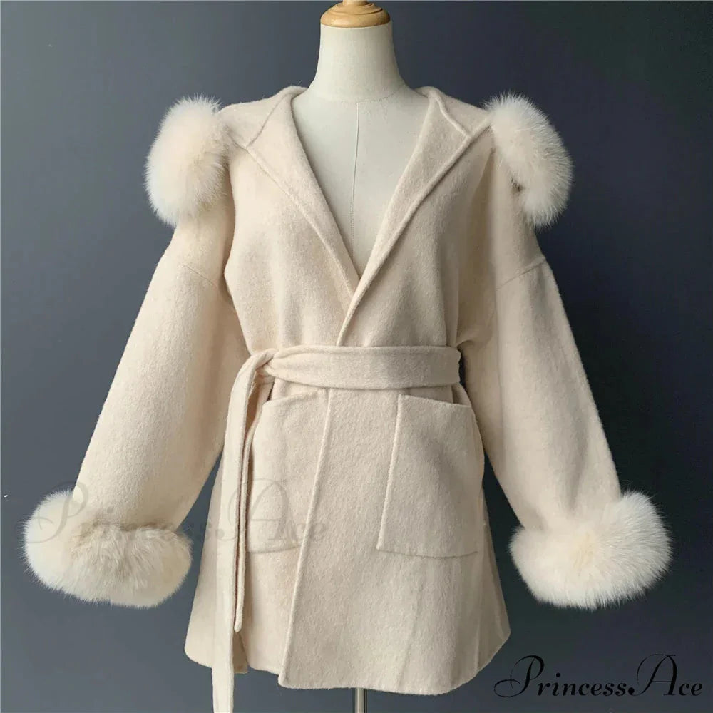 Fleece Sly Fur Hooded Winter Overcoat White with cuffs / XXS overcoats-241228