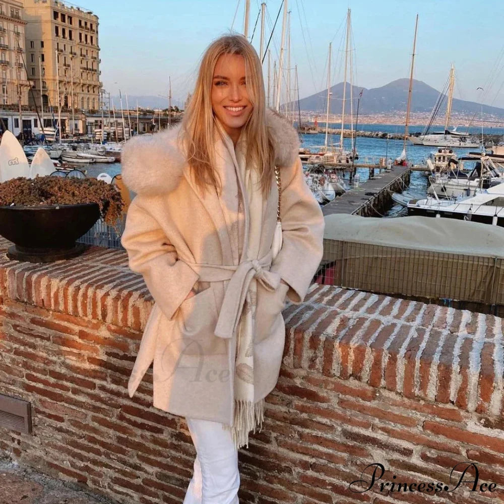 Fleece Sly Fur Hooded Winter Overcoat White / XXS overcoats-241228