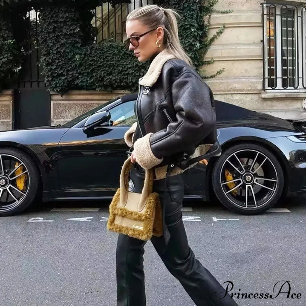 Fleece Solid Graceful Pockets Lapel Coat L / Brown