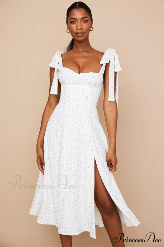 Fleur de Paris Charming Floral Split Midi Dress White / S