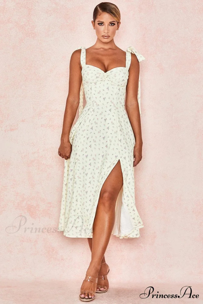 Fleur de Paris Charming Floral Split Midi Dress Yellow / S