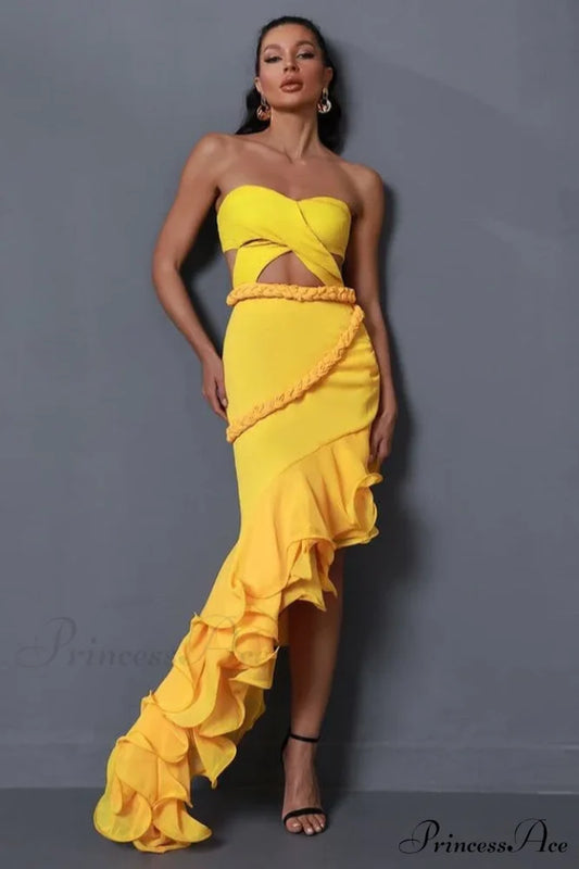 Fleur Yellow Stylish Strapless Cutout Gown